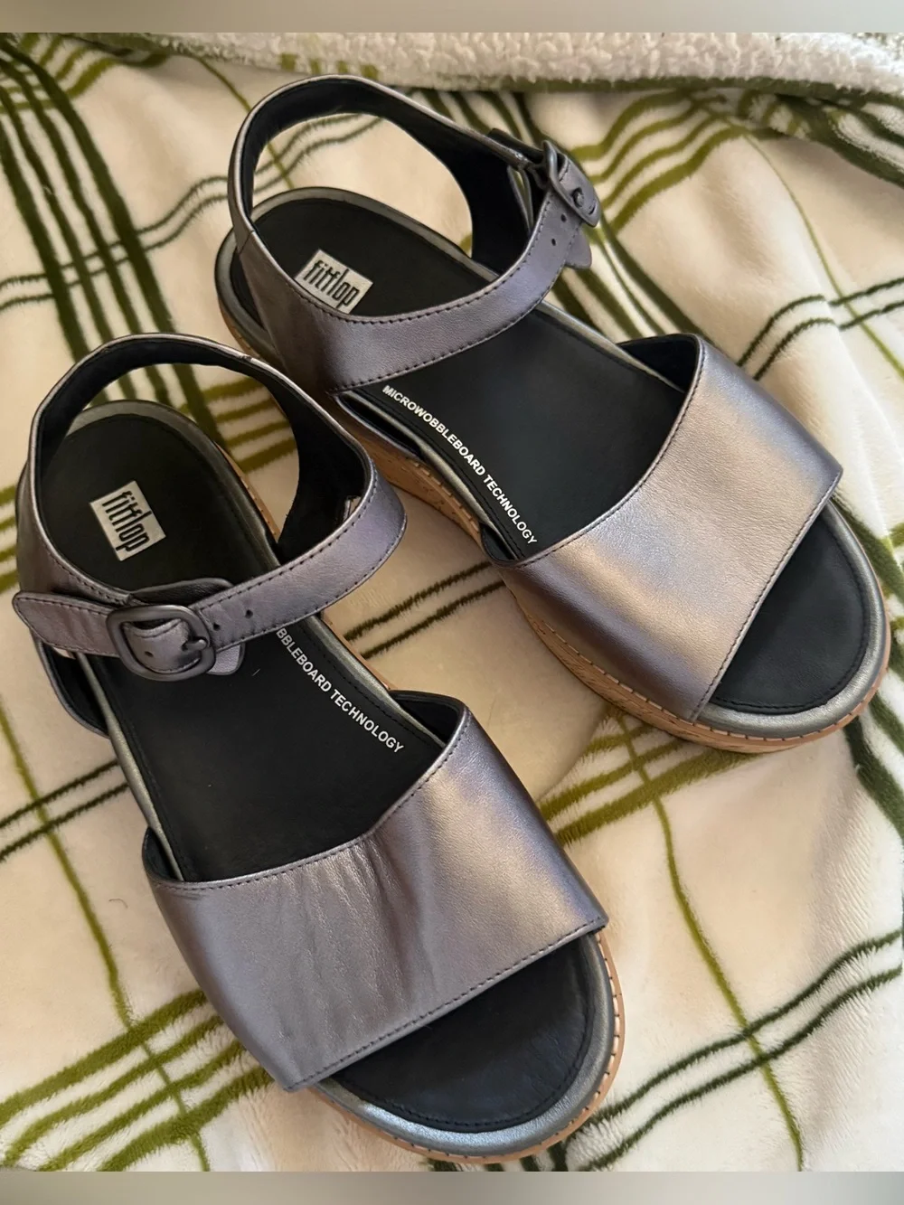 Fitflop Metallic Gray Platform Sandals with Cork-Look Wedge